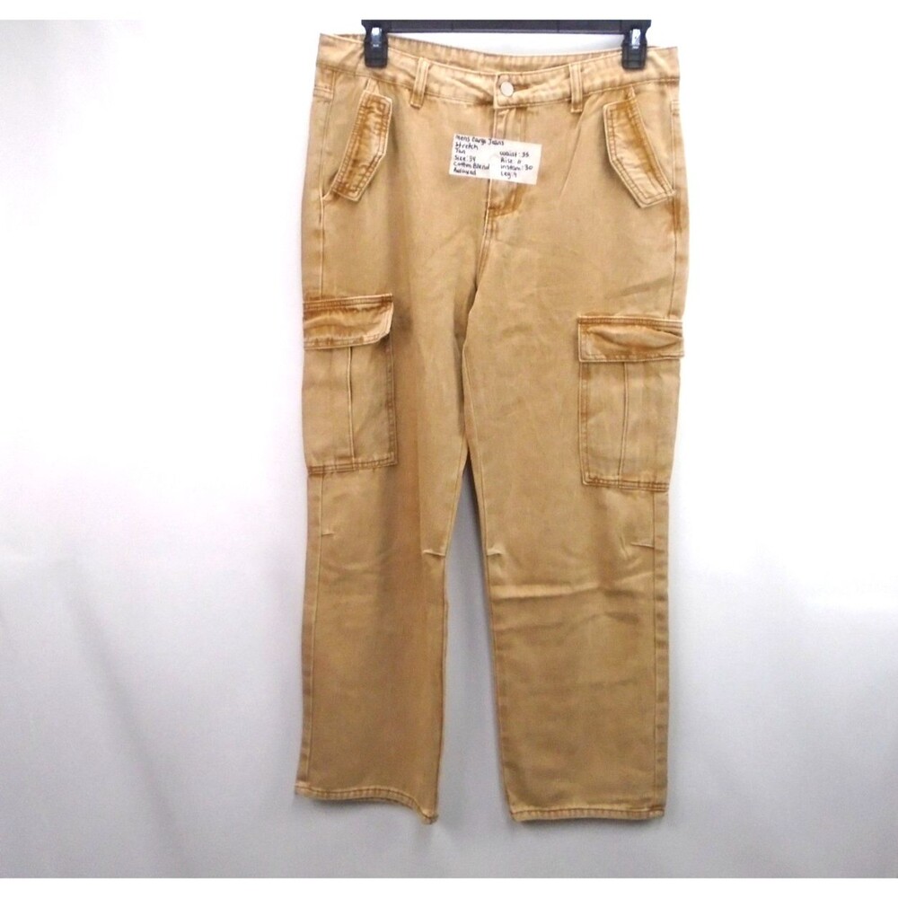 Men Denim Workwear Cargo Pants Size 34 (35x30) Relaxed Fit Tan Parachute Pocket